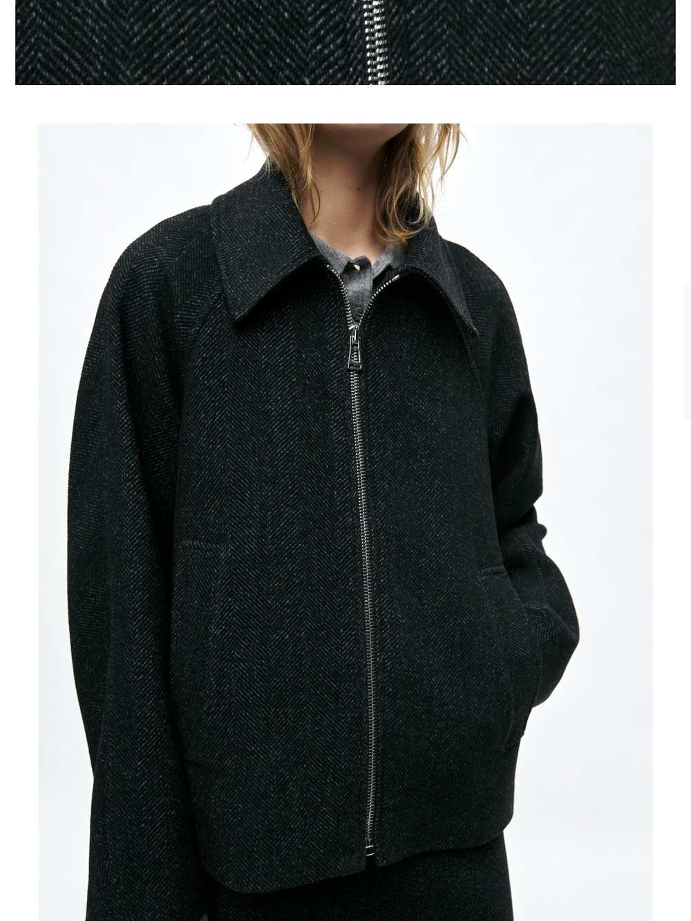 Zara Black Herringbone Zip-Front Peacoat